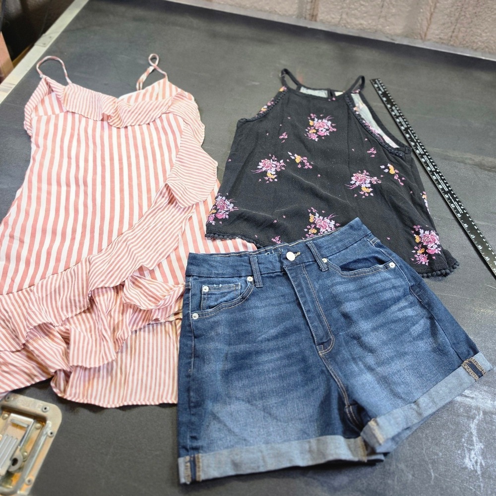 Mudd Floral Top No Boundaries Denim Shorts & Striped Ruffle Dress Bundle Set